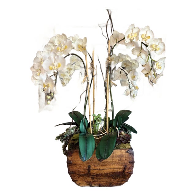White Orchid Succulent Moss Faux Plant Arrangement For Sale
