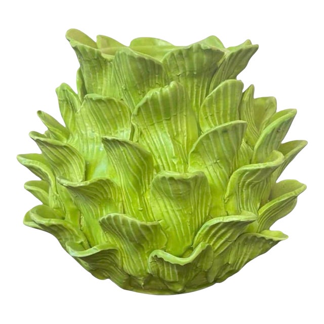 Vintage Italian Majolica Green Trompe l'Oeil Artichoke Leaf Vase For Sale
