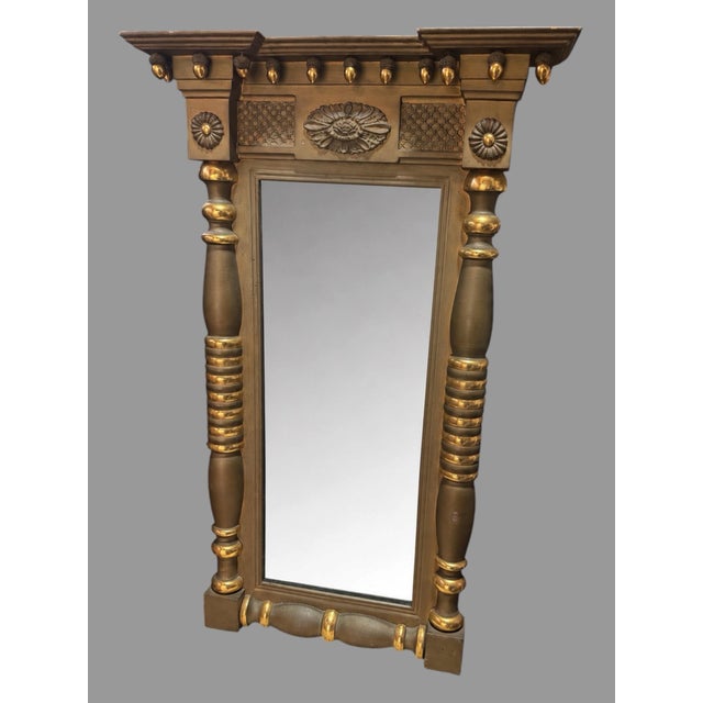 Glass Antique American Empire Style Gilt Pier Hall Mirror Column Rosette 36” X 22” For Sale - Image 7 of 10
