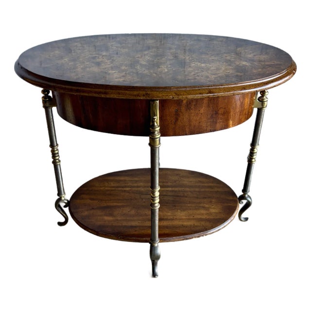 Vintage Two-Tier Occasional Table by Weiman, Burl Wood, Brass Details For Sale