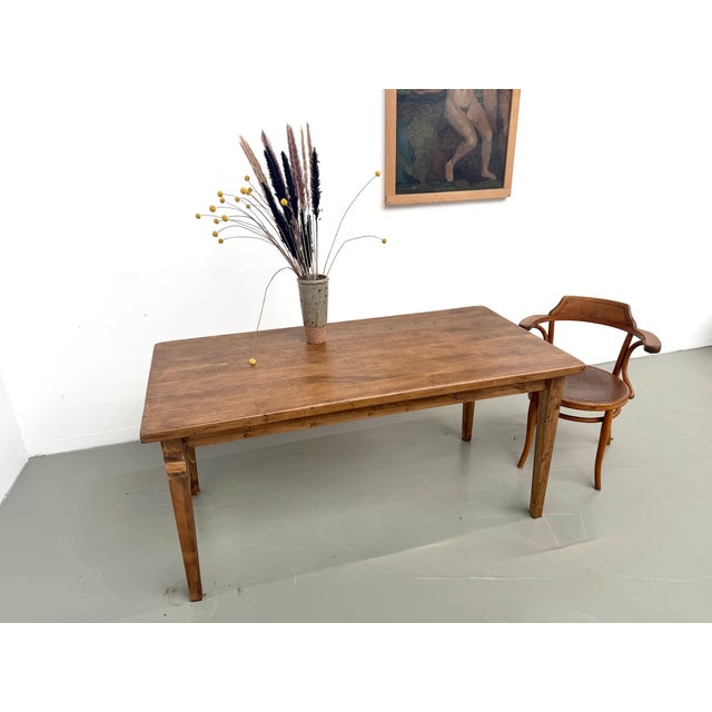 Brown Oak Farmhouse Table with Tapered Pine Legs, France, 1950s For Sale - Image 8 of 18