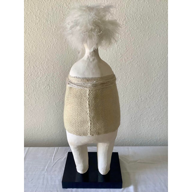 Off-white 1980s Naida Seibel Mixed Media Figurative Sculpture With Brass Face & Feather Adornment, 27” H For Sale - Image 8 of 10