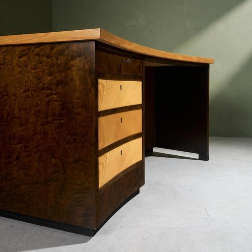 Brown Curved Desk with Geometric Inlaid Top, Sweden For Sale - Image 8 of 13