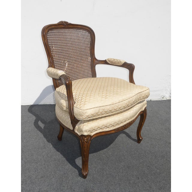 Vintage French Provincial Cane Arm Chair W Down Cushion Cabriole Legs