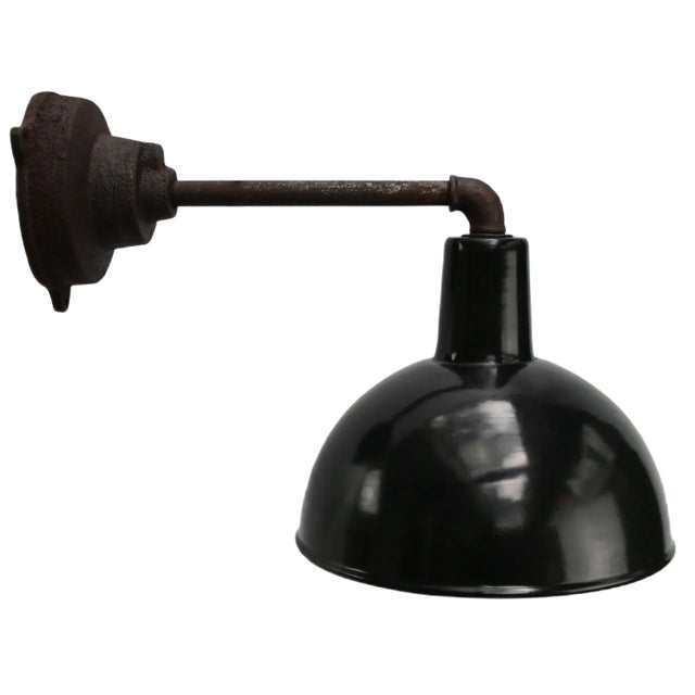 Vintage Industrial Black Enamel & Cast Iron Wall Lamp For Sale