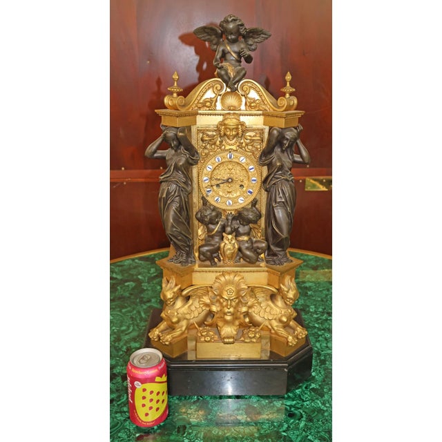 Vincenti & Cie 19th Century French Figural Bronze & Marble Mantel Clock Design By Paillard Dimensions : 26" Tall X 13"...