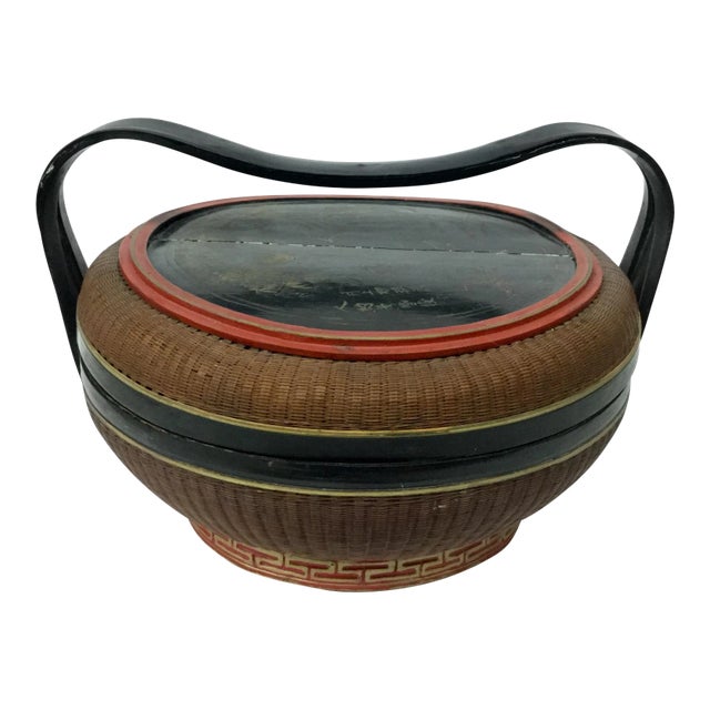 Antique Chinese Wood and Rattan Rice Box For Sale