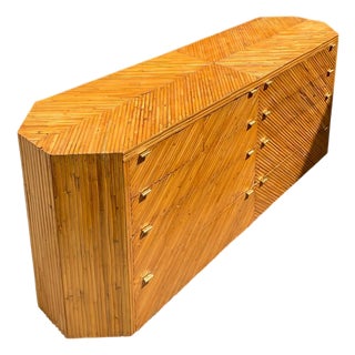 Vintage Chevron Rattan Six-Drawer Dresser For Sale