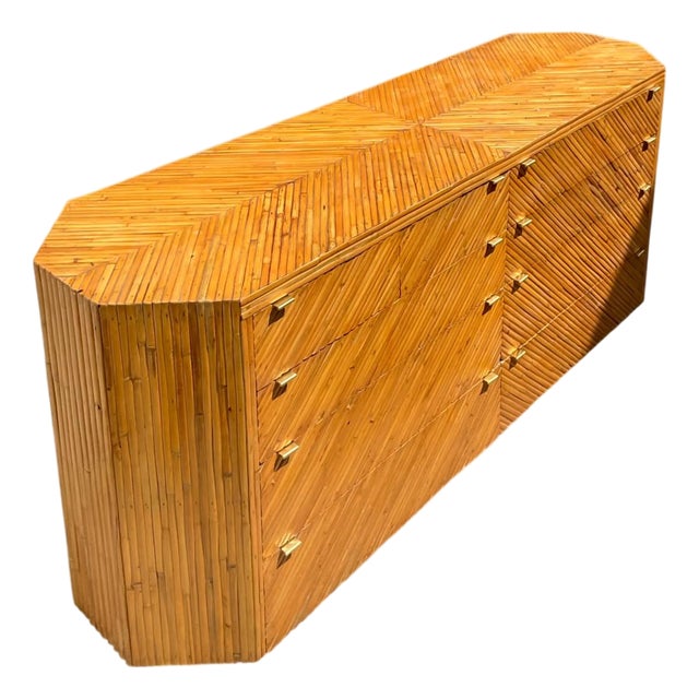Vintage Chevron Rattan Six-Drawer Dresser For Sale
