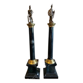 Pair of Grand Tour Marble Column Statues With Neoclassical Figures, Late 1800’s For Sale