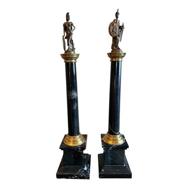 Pair of Grand Tour Marble Column Statues With Neoclassical Figures, Late 1800’s For Sale