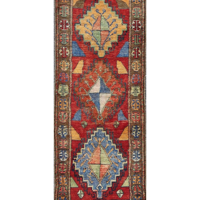Colorful Antique Turkish Oushak With Geometric Tribal Design in Brilliant Red For Sale - Image 4 of 7