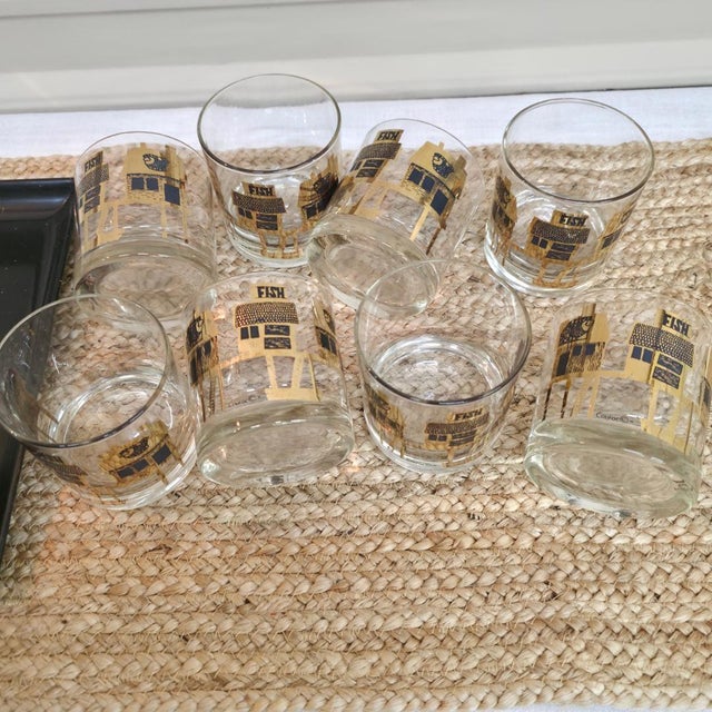 1950s Mid Century Modern Couroc Monterey Fish Rocks Glasses Set of 8 With Tray For Sale - Image 6 of 18