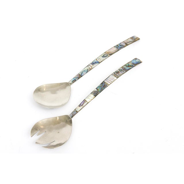 Modern Vintage Silver-Plate and Abalone Salad Servers or Serving Pieces Pair Of For Sale - Image 3 of 10