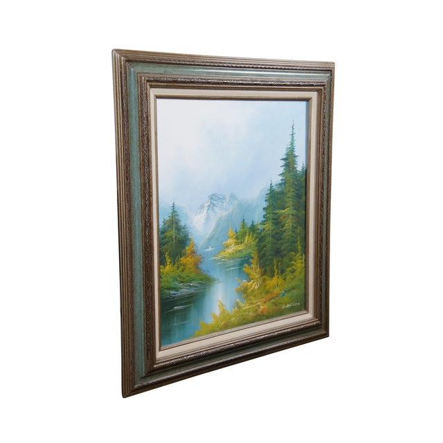 Vintage oil painting on canvas depicting a lush mountain nature landscape of pines along a river / lake. Signed Lantren in...