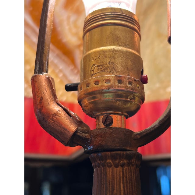 Late 1800s 8 Panel Bent Caramel and Red /Orange Slag Glass Table Lamp For Sale - Image 10 of 11