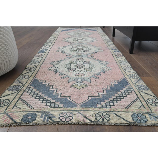 1970s Vintage Turkish Hand-Knotted Wool Cotton Pink Runner Rug For Sale - Image 5 of 11