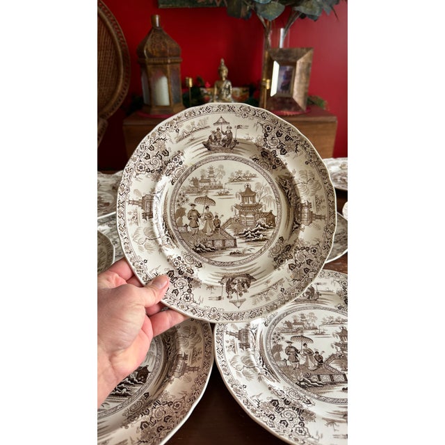 A Rare Set of 16 Brown Transfer Decorated Staffordshire Plates, “Nankin” by Dimmock, Circa 1830’s For Sale - Image 9 of 17