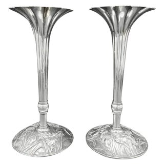 Art Nouveau Japanese Meiji Sterling Silver Fluted Iris Vases For Sale