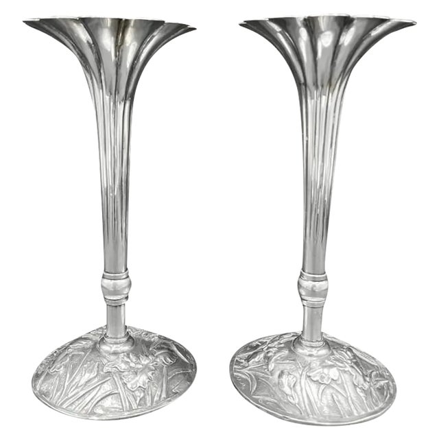 Art Nouveau Japanese Meiji Sterling Silver Fluted Iris Vases For Sale