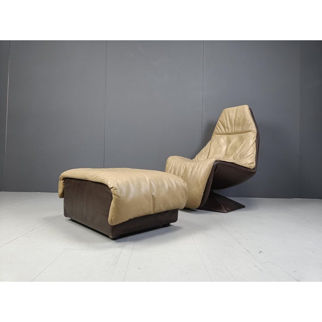 Set of Vintage Leather Swivel Chair and Ottoman, 1970s For Sale - Image 4 of 11