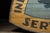 Khaki Oversize Antique Industrial Electric Service Hand-Painted Wooden Sign For Sale - Image 8 of 15