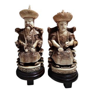 Chinese Emperor and Empress Sculptures in Buffalo Bone on Wooden Stands, Qing Dynasty. For Sale