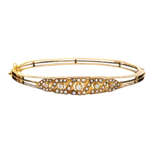Antique Edwardian Bracelet Pearl Diamond 14k Yellow Gold Bangle Vintage Jewellery