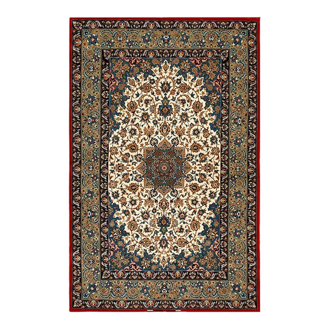 1940s Ivory Green Medallion Antique Isfahan Rug 3'7" X 5'6" Handknotted Wool Carpet For Sale