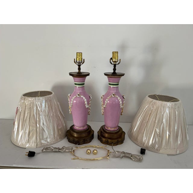 1940s French Floral Urn Lamps & Shades - A Pair For Sale - Image 9 of 10