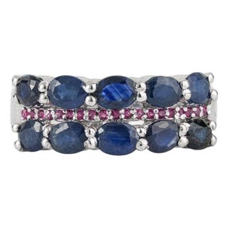 2.29 Ct Blue Sapphire and Ruby Handmade 925 Sterling Silver Ring, Size 7 For Sale