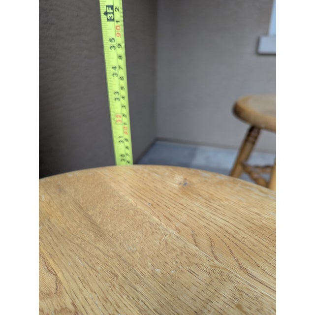 Mid-Century Modern 1980s Four (4) 30" Solid Oak Stools Brass Footrest For Sale - Image 3 of 5