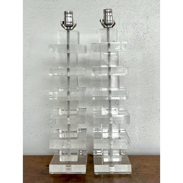 Late 20th Century Vintage Stacked Lucite Blocks Lamps - A Pair For Sale - Image 5 of 12