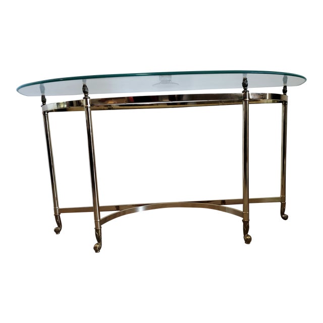 Styled After 1940s LaBarge Modern Brass & Glass Demi-Lune Table in Hollywood Regency Style For Sale