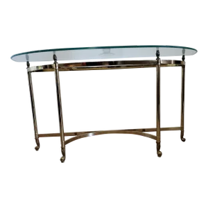 Styled After 1940s LaBarge Modern Brass & Glass Demi-Lune Table in Hollywood Regency Style