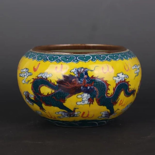 Mid 20th Century Chinese Vintage Ceramic Pot,Old Porcelain Factory Blue and White Famille Verte Porcelain Brush Washer Hand Painted Cloud Dragon Pattern For Sale - Image 5 of 6
