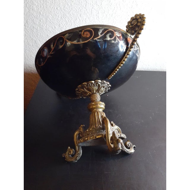 1970s Handpainted Moriage Ceramic Floral Compote on Solid Ornate Brass Pedestal For Sale - Image 4 of 7