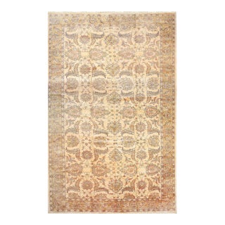 Vibrant Agra Beige Hand-Knotted Wool Rug Carpet, Allover Floral Design India For Sale