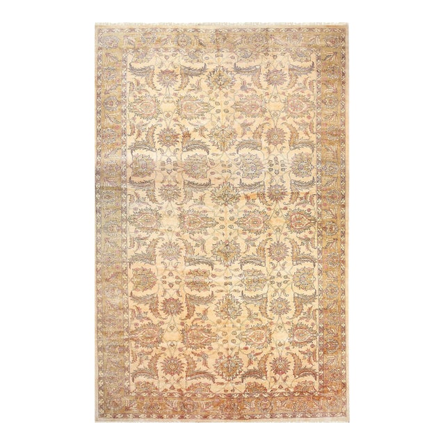 Vibrant Agra Beige Hand-Knotted Wool Rug Carpet, Allover Floral Design India For Sale