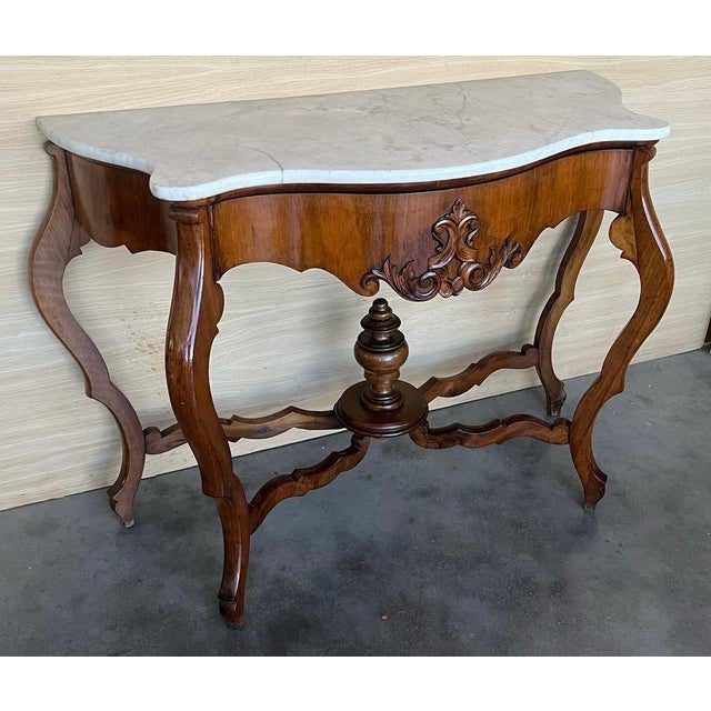Mid 19th Century French Regency Console Table in Carved Walnut with drawer and Marble Top For Sale In Miami - Image 6 of 18