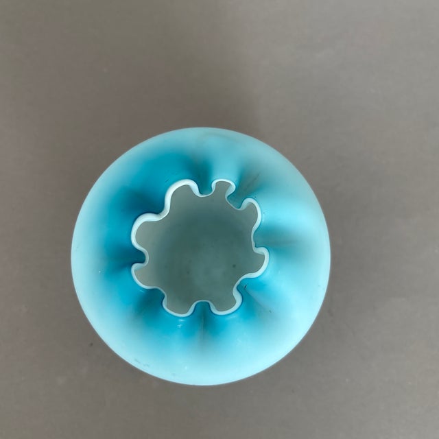 Glass Vintage Aqua and White Ruffled Satin Glass Vase 4” For Sale - Image 7 of 8