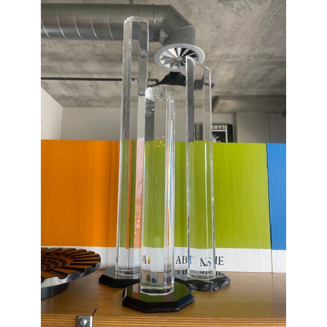 Plastic Space Age Lucite Brutalist Faceted Column Sculpture Set Signed Roman For Sale - Image 7 of 12