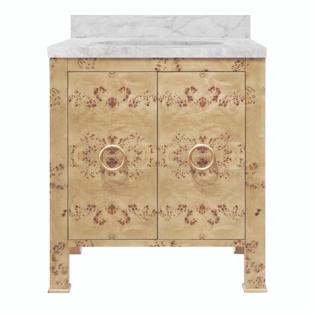 Wood Matthew Izzo Home Blanche Light Burlwood Single White Porcelain Sink Bath Vanity With Carrara Marble Top and Backsplash and Brass Hardware For Sale - Image 7 of 7