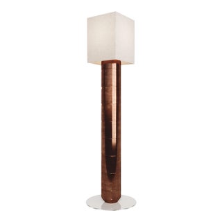 Handcrafted Ceramic Floor Lamp in Polished Amber Glaze With Linen Lampshade For Sale