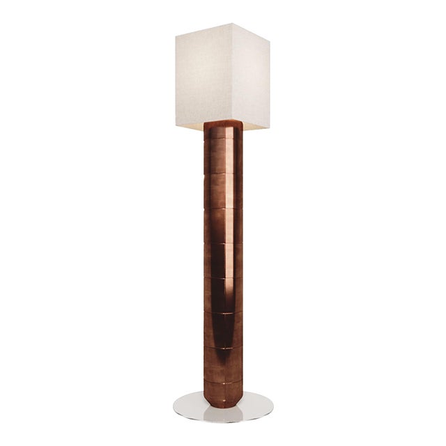 Handcrafted Ceramic Floor Lamp in Polished Amber Glaze With Linen Lampshade For Sale
