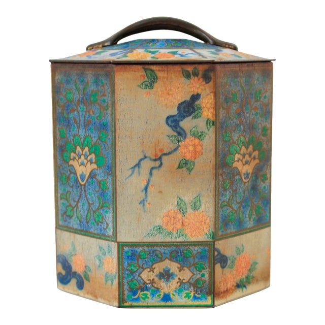 Vintage Octagonal Chinoiserie Style Tin For Sale