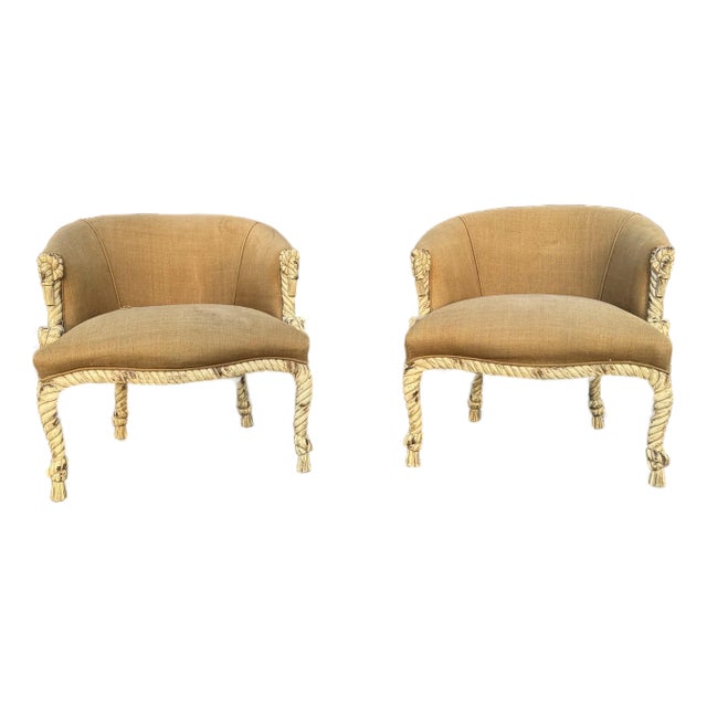 Vintage Rope and Tassel Carved Bergère Chairs - A Pair For Sale