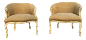 Vintage Rope and Tassel Carved Bergère Chairs - A Pair