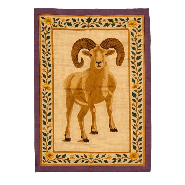 Hand Embroidered Mountain Ram Tapestry, 1980s For Sale