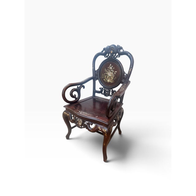 Wood Vintage Chinese Hardwood Armchair With Mother-of-Pearl Inlay and Carved Longevity Motifs For Sale - Image 7 of 15